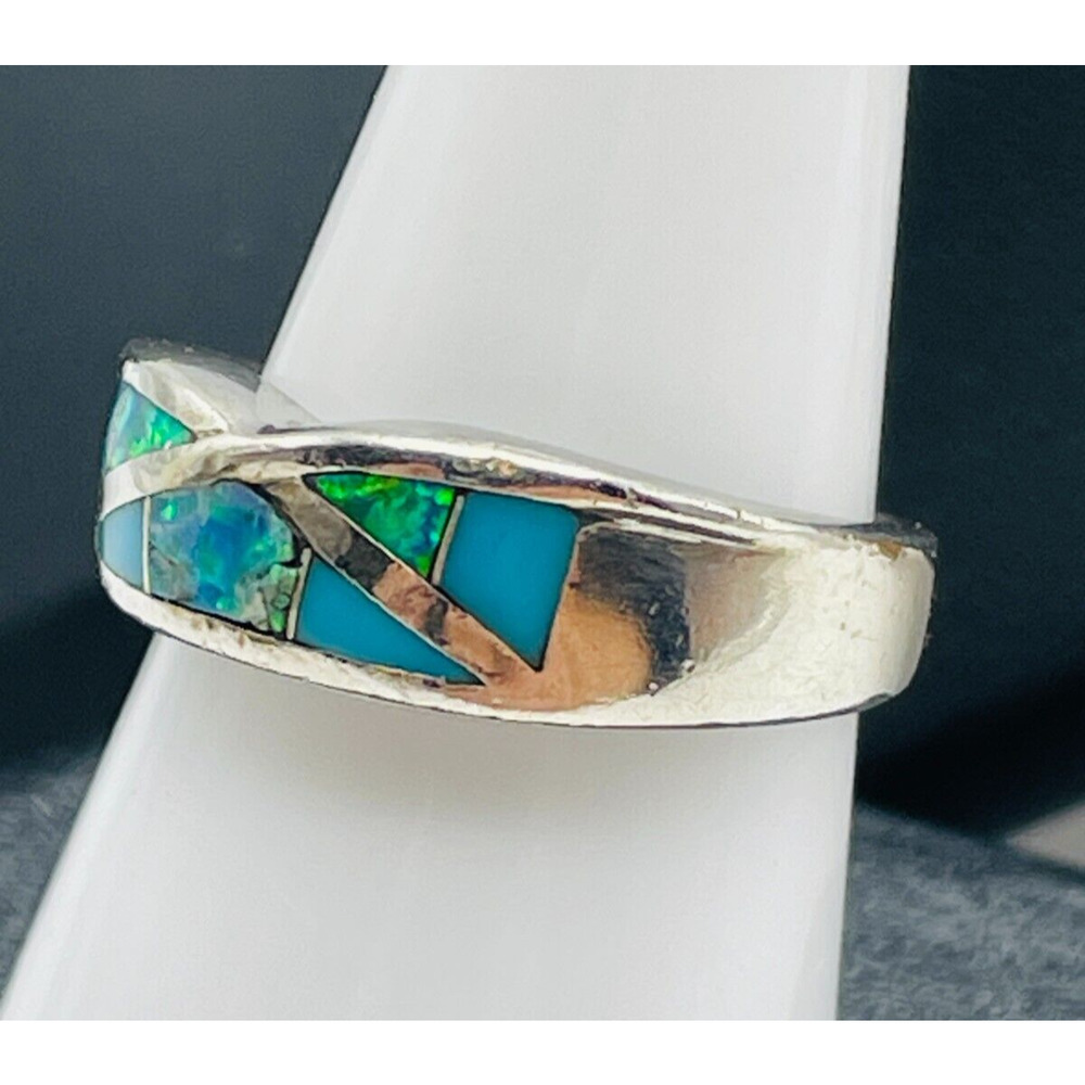 Southwest Sterling Silver Ring Lab Opal Turquoise Inlay Band Size 7 Signed AV - Picture 7 of 12